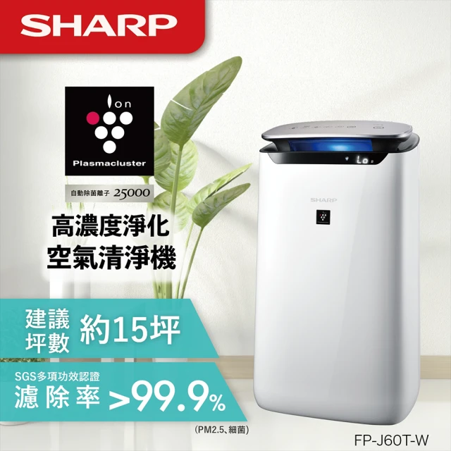 【SHARP 夏普】15坪自動除菌離子空氣清淨機FP-J60T-W