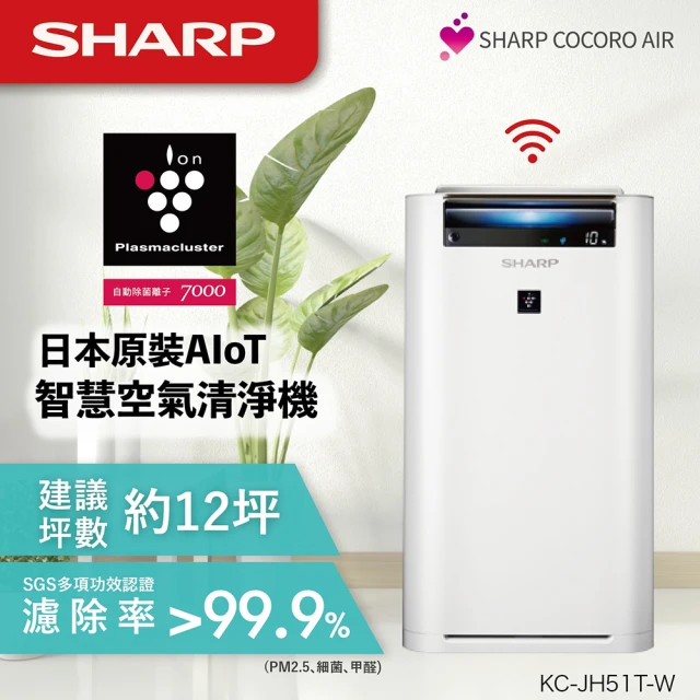 【SHARP 夏普】日本原裝◆12坪AIoT智慧遠端控制空氣清淨機KC-JH51T-W